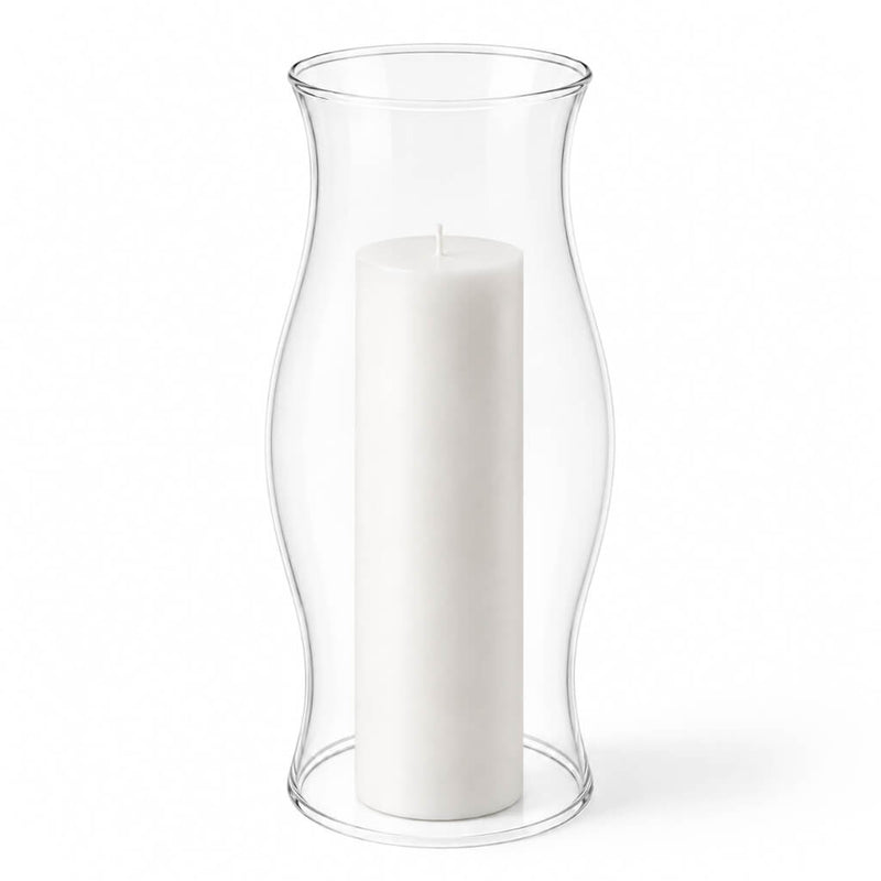 Unlit white pillar inside a clear glass Hurricane Pillar Candle Lamp over a solid white surface - thumbnail number 2