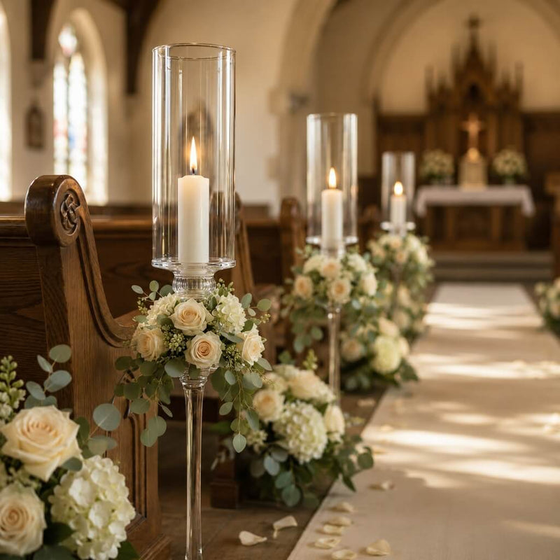 White vigil candles in glass holders lining elegant church wedding aisle - thumbnail number 3