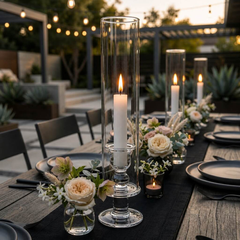 White vigil candles in tall glass holders on elegant outdoor dinner table centerpiece - thumbnail number 4