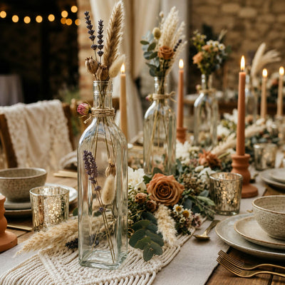 A Glass Square Bottle filled with dried flowers on a rustic table with macrame runner - thumbnail number 3