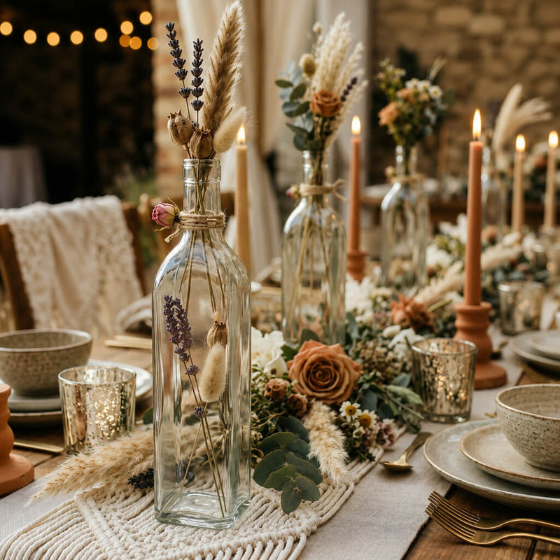 A Glass Square Bottle filled with dried flowers on a rustic table with macrame runner - thumbnail number 3