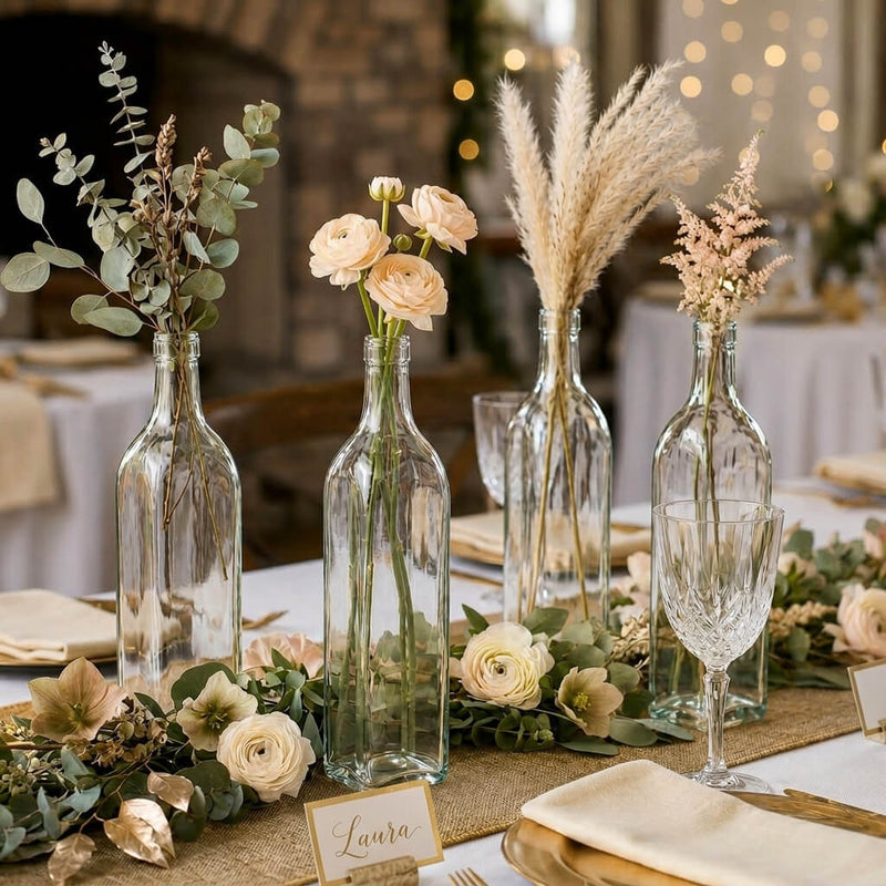 Glass square bottles with floral arrangements on a wedding tablescape - thumbnail number 3