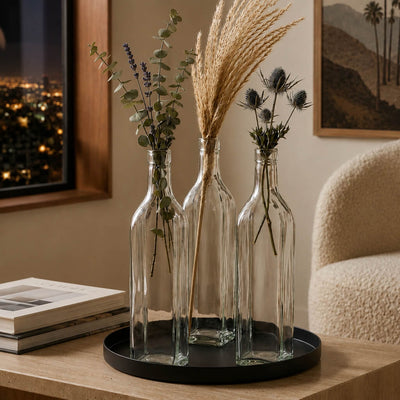 Trio of Glass Square Bottle vases holding dried botanicals on a black tray - thumbnail number 7