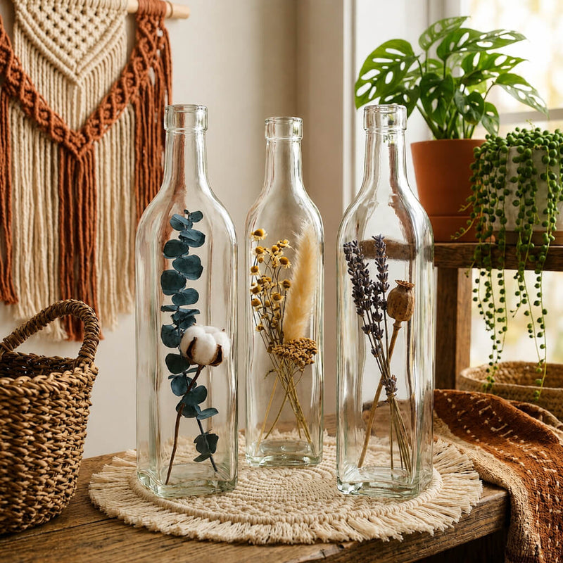 Trio of Glass Square Bottle vases with dried flowers on a macrame mat - thumbnail number 6