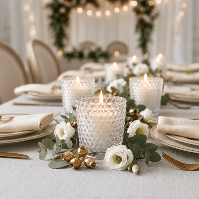 Clear hobnail glass votive holders on a tablescape with eucalyptus, white flowers, and gold accents - thumbnail number 5