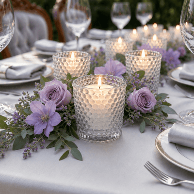 Clear hobnail glass votive holders on a tablescape with lavender flowers - thumbnail number 4