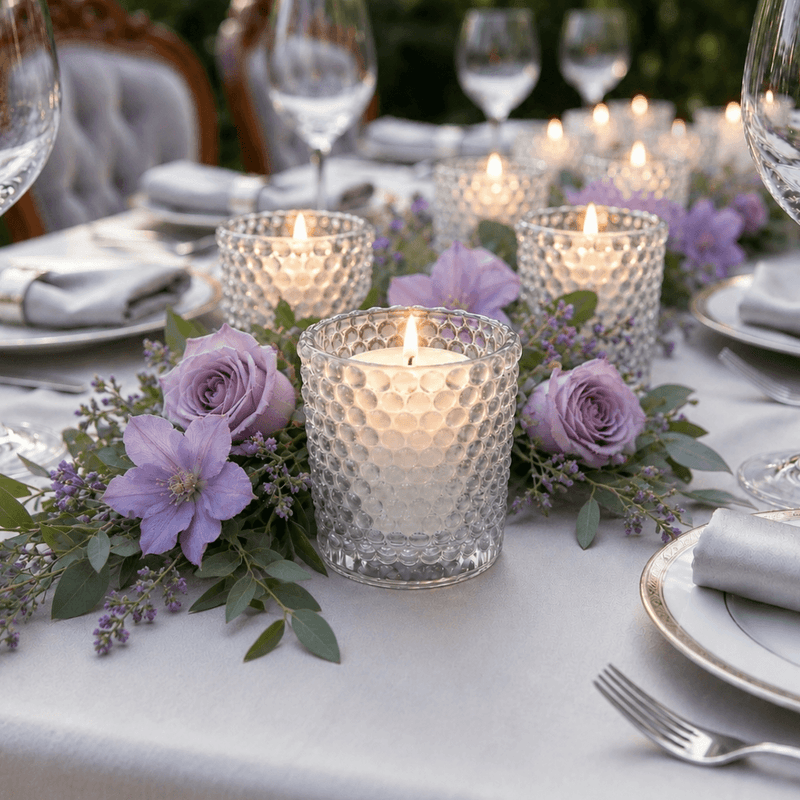 Clear hobnail glass votive holders on a tablescape with lavender flowers - thumbnail number 4