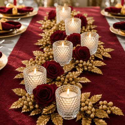 Clear hobnail glass votive holders on a red runner with red roses and gold holly leaf accents - thumbnail number 6