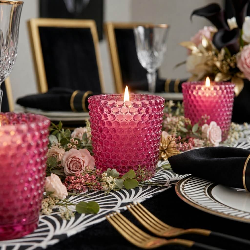 Pink hobnail votive holders with candles on elegant black floral dinner table