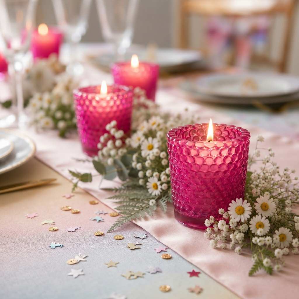 Pink hobnail holders with lit candles on floral table centerpiece with pastel party decor