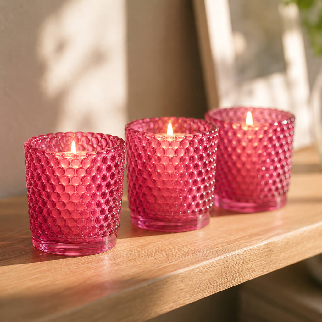 Three pink hobnail votive candles glowing on wooden shelf in warm sunlight