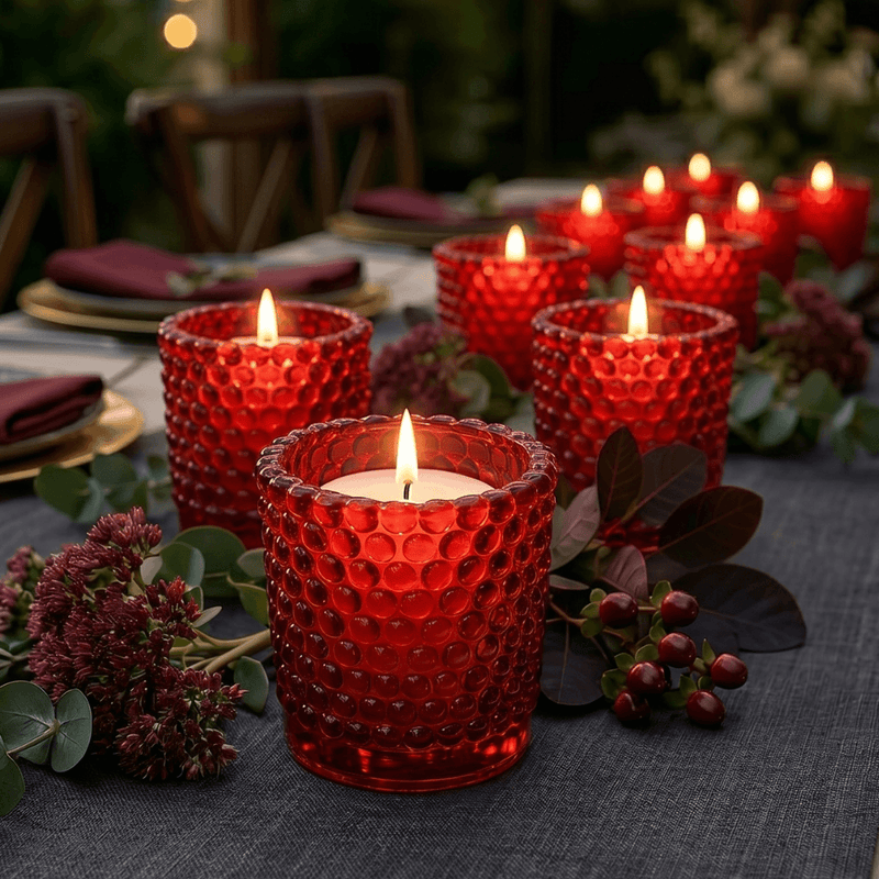 Red hobnail votive holders with candles on elegant decorated dinner table - thumbnail number 4