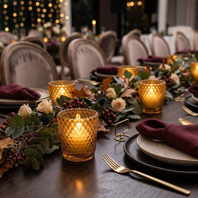 Amber hobnail votive candles on elegant fall-themed dinner table centerpiece - thumbnail number 4