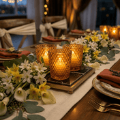 Amber hobnail votive holders on floral dinner table centerpiece with warm glow - thumbnail number 5