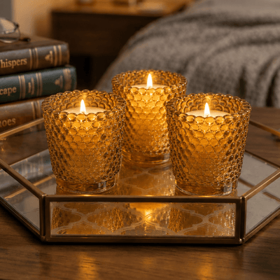 Three amber hobnail votive candles on mirrored tray beside books and cozy bed - thumbnail number 8