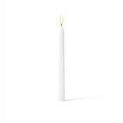 Single glowing white taper candle on clean white surface - thumbnail number 2