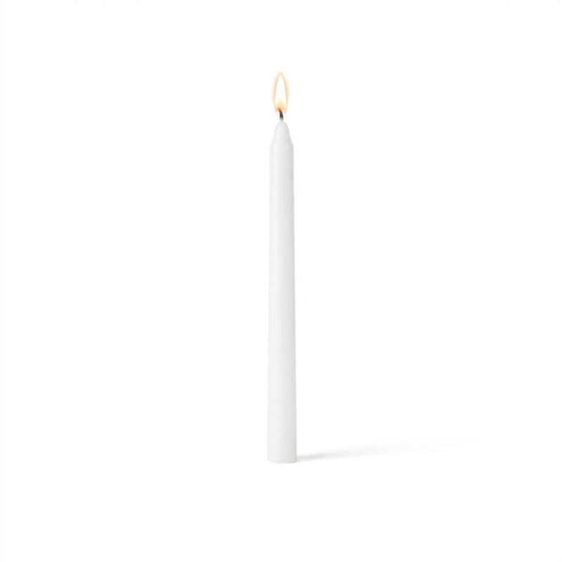 Single glowing white taper candle on clean white surface - thumbnail number 2
