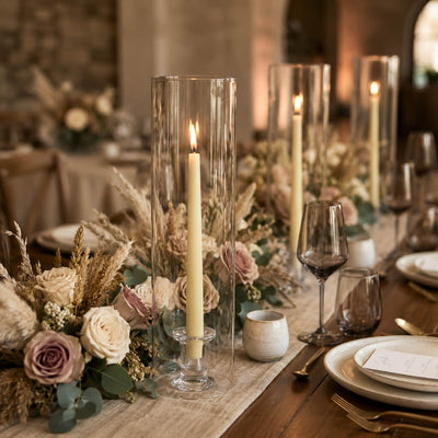 Lit ivory taper candles in glass hurricanes on rustic dining table - thumbnail number 3