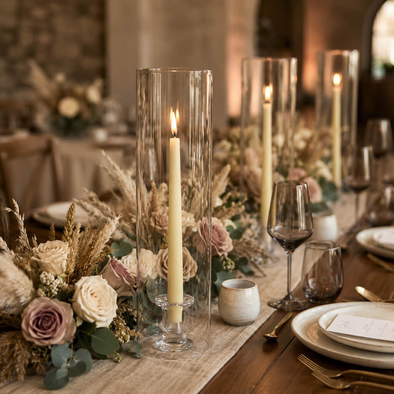 Lit ivory taper candles in glass hurricanes on rustic dining table - thumbnail number 3