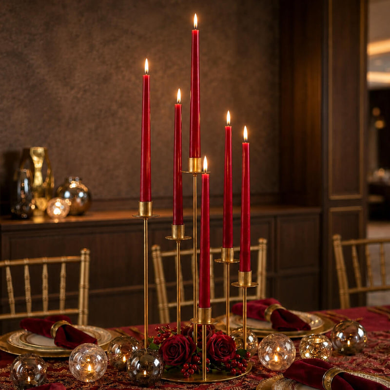 Lit red taper candles with gold stands and romantic table decor - thumbnail number 4