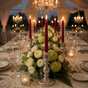 Red taper candles with lush floral decor on formal reception table - thumbnail number 5