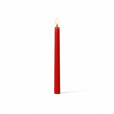 Red lit taper candle standing on white background - thumbnail number 2