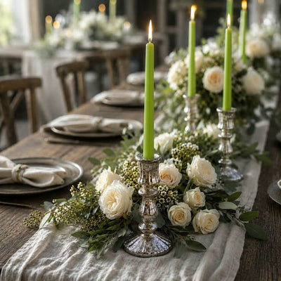 Green taper candles and white florals on elegant farmhouse table - thumbnail number 3