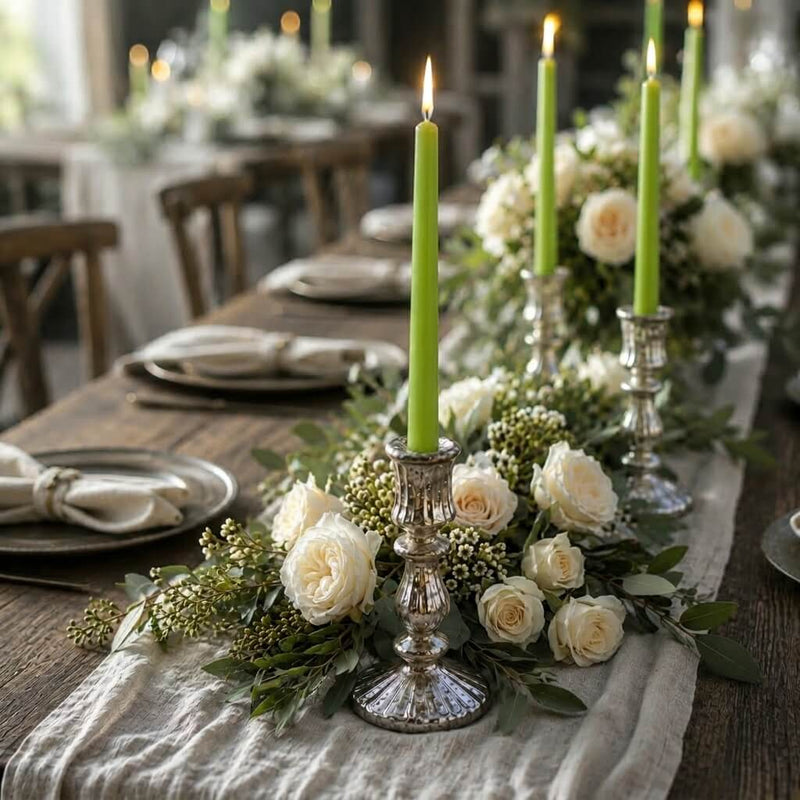 Green taper candles and white florals on elegant farmhouse table - thumbnail number 3