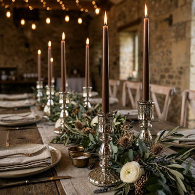 Lit brown taper candles on a long rustic dining table with floral decor - thumbnail number 4