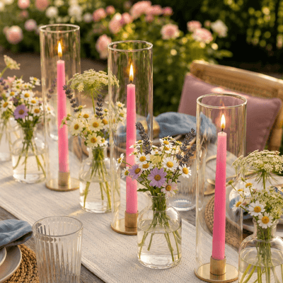 Lit pink taper candles with wildflower arrangements on dining table - thumbnail number 3