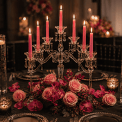 Elegant crystal candelabra with lit pink taper candles and roses - thumbnail number 4