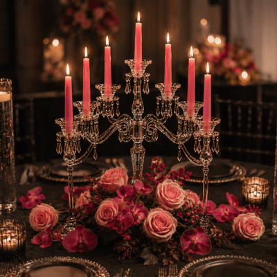 Elegant crystal candelabra with lit pink taper candles and roses - thumbnail number 4