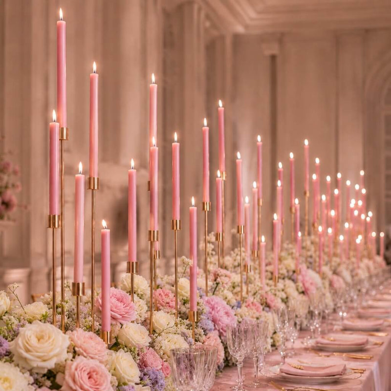 Romantic reception table with pink candles and pastel flower arrangements - thumbnail number 5