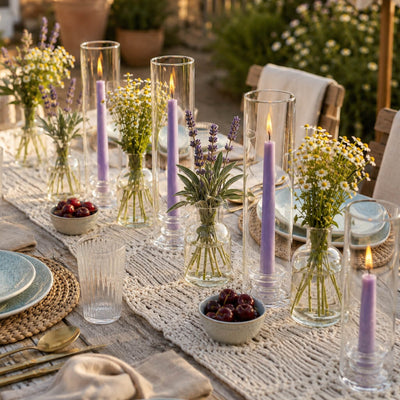 Lavender taper candles in glass holders with wildflower table setting - thumbnail number 5