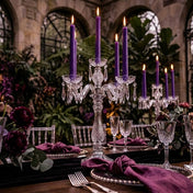 Crystal candle holder with purple taper candles and dark floral decor - thumbnail number 4