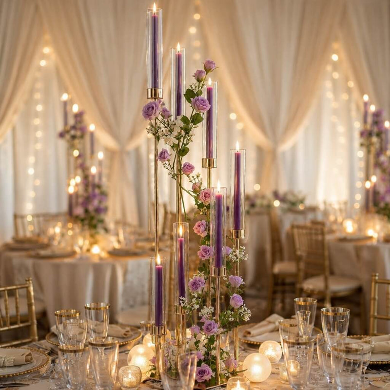 Tall purple taper candles with roses on formal banquet table - thumbnail number 5