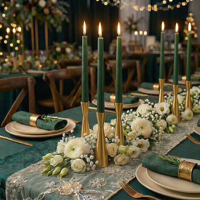 Elegant tablescape with green taper candles and white floral centerpiece - thumbnail number 3