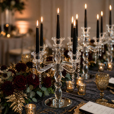 Luxurious crystal candelabra with lit black candles and roses - thumbnail number 4