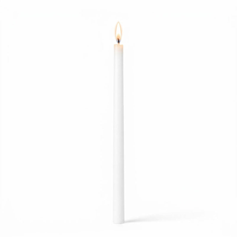 Lit white taper candle on white background - thumbnail number 2