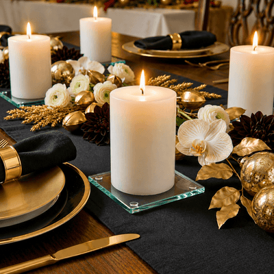 A black-tie gala tablescape featuring an elegant clear glass Square Coaster 4" candle setup - thumbnail number 6