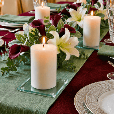 An upscale dining tablescape featuring an elegant clear glass Square Coaster 4" candle setup - thumbnail number 7