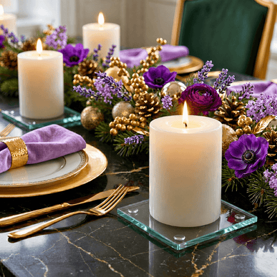 A lavish dining tablescape featuring an elegant clear glass Square Coaster 4" candle setup - thumbnail number 8