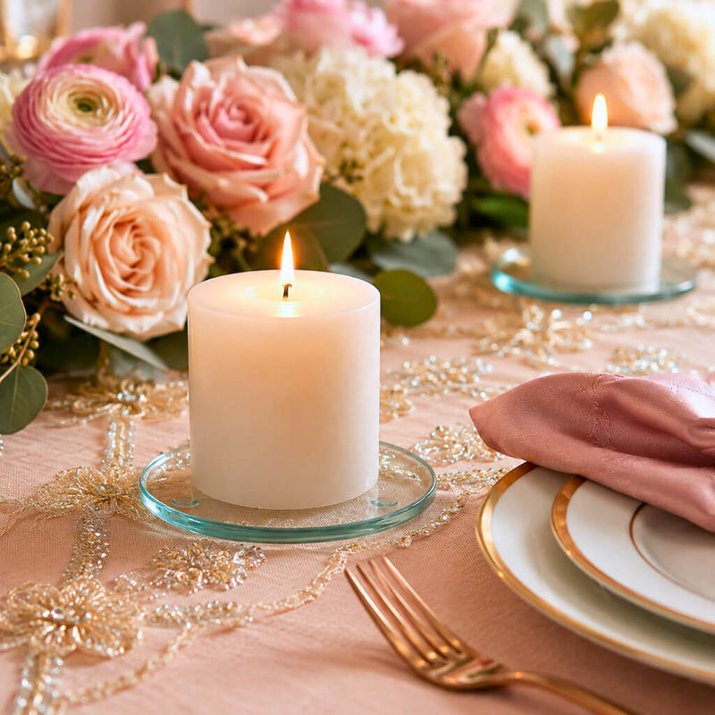 Lit white pillars on a Round Coaster 4" display amidst a romantic pink floral tablescape - thumbnail number 6