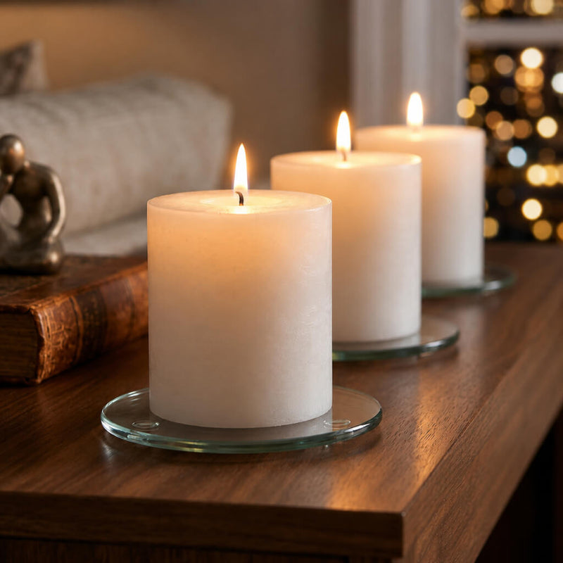 Three lit white pillars on a Round Coaster 4" lined up on a wooden table with warm lighting - thumbnail number 10
