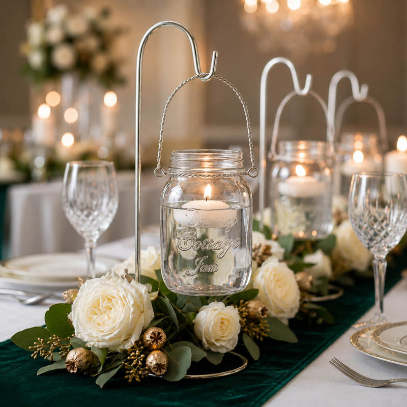Upscale Small Mason Jar with Handle hanging over a luxury rose tablescape - thumbnail number 6