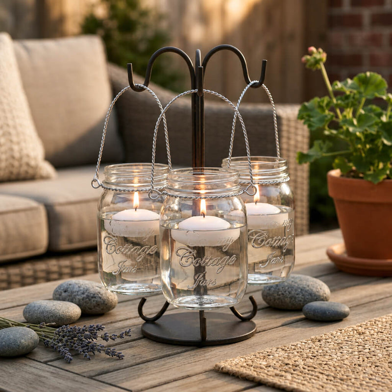 Upscale Small Mason Jar with Handle trio on a black shepherd hook stand - thumbnail number 8