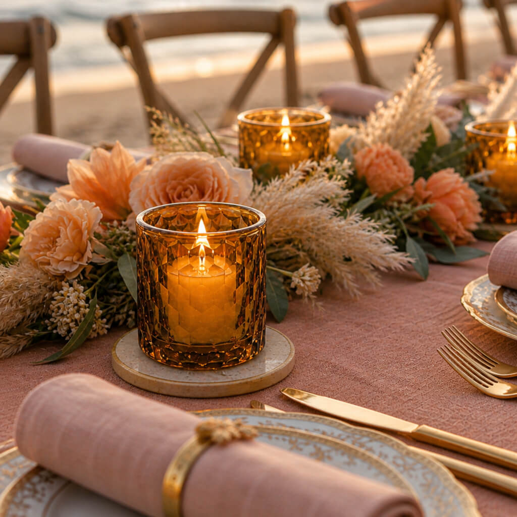 Amber honeycomb glass votive holders glowing on elegant floral beach dinner table