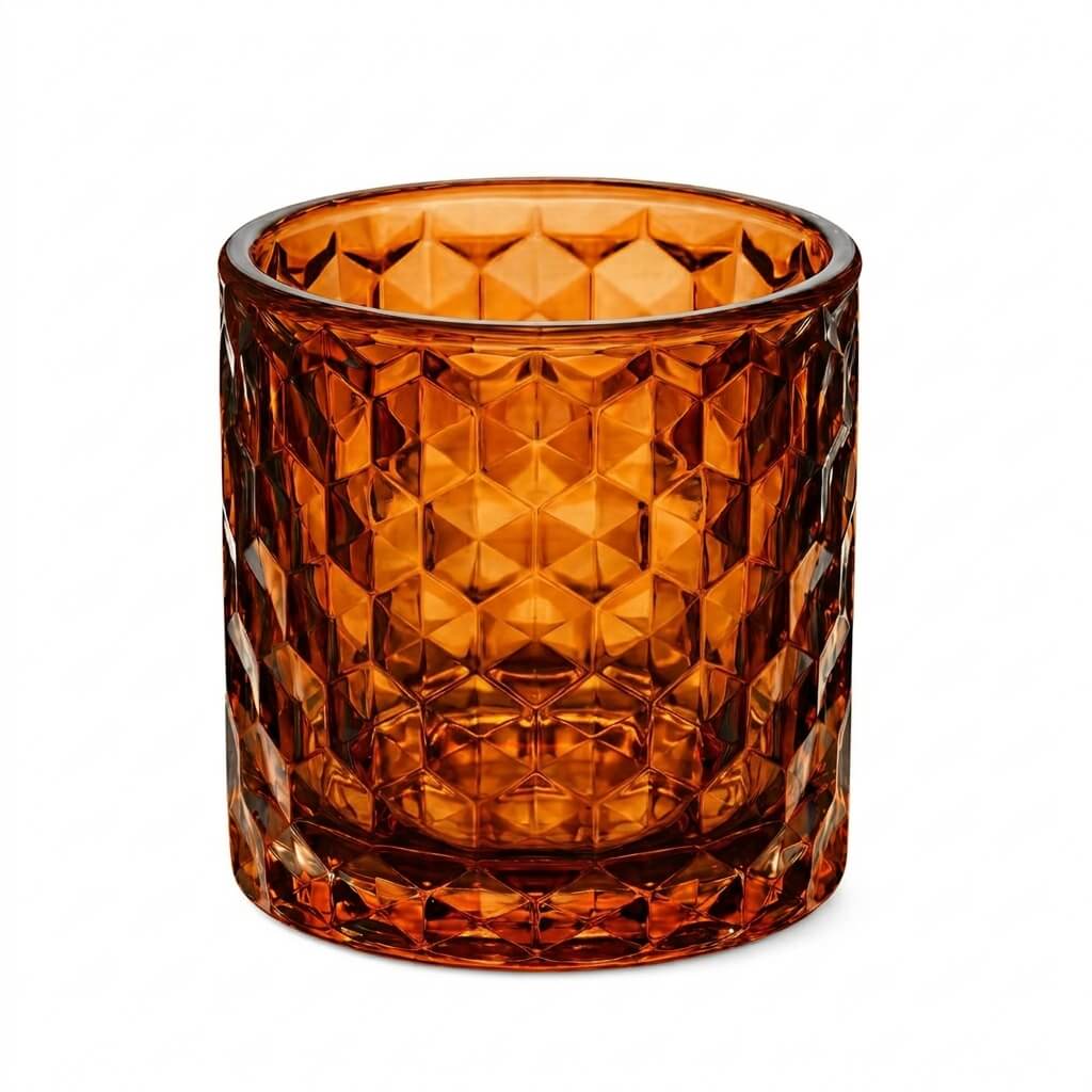 Amber chunky honeycomb glass votive and tealight holder on white background