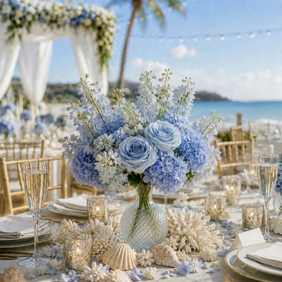 6" Textured Glass Perfume Vase with blue flowers on a beach wedding table - thumbnail number 3