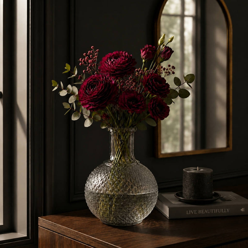 6" Textured Glass Perfume Vase holding a bouquet of dark red flowers on a wooden table - thumbnail number 7